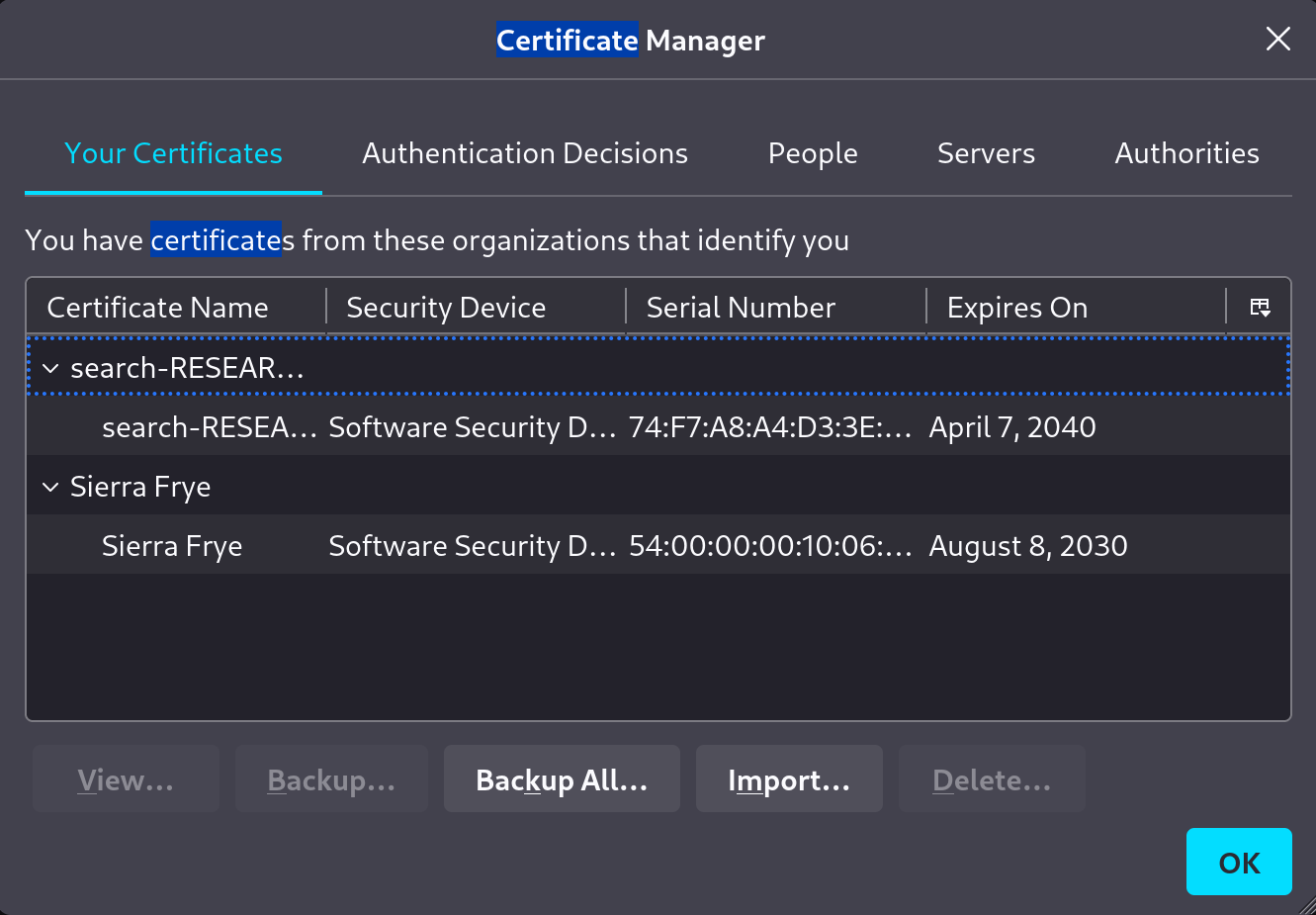 Imported certificates